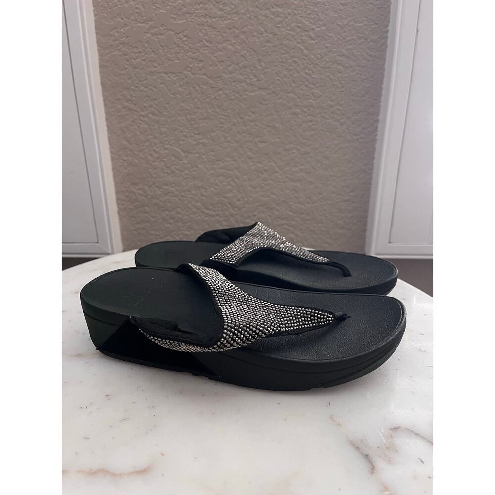 Fitflop Women’s Black Rhinestone Sandals 6 Platform Thong Metallic Lightweight - Picture 2 of 7